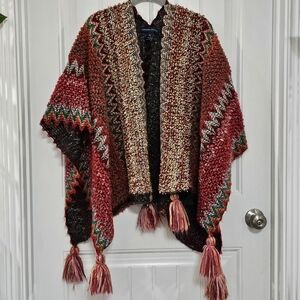 Adrienne Vittadini Red Knit Poncho Shrug Sweater